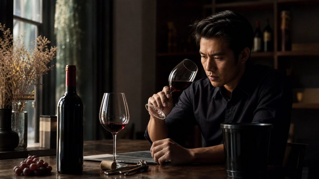 A single bottle of red wine rests beside a few loose grapes, a corkscrew, and a tasting glass on a dark wooden table, lit by soft window light. The composition feels object-led and refined, with deep burgundy highlights and quiet shadows suggesting careful selection, value, and curiosity.