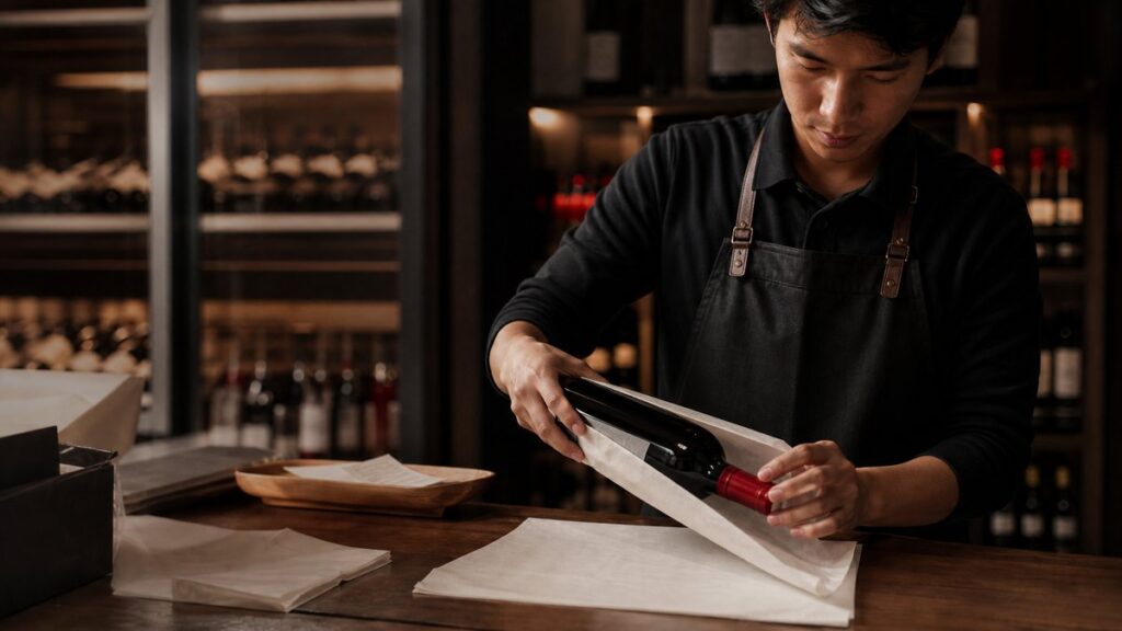 In a quiet specialty wine shop, a clerk’s hands slide one selected bottle into protective wrapping beside a receipt tray and tissue paper. The scene is observed at counter height with soft ambient lighting, shelves fading into blur behind, and a calm, professional mood focused on careful decision-making.