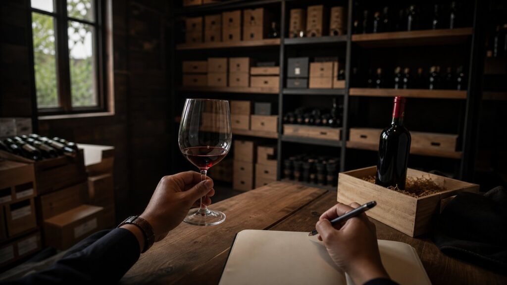 A wide, quiet cellar-like workspace with rows of boxed bottles on shelving, a tasting glass on a wooden table in the foreground, and soft light entering from a side window. The scene feels balanced and reliable, with subtle crimson highlights and deep shadowed corners suggesting informed, confident choice.