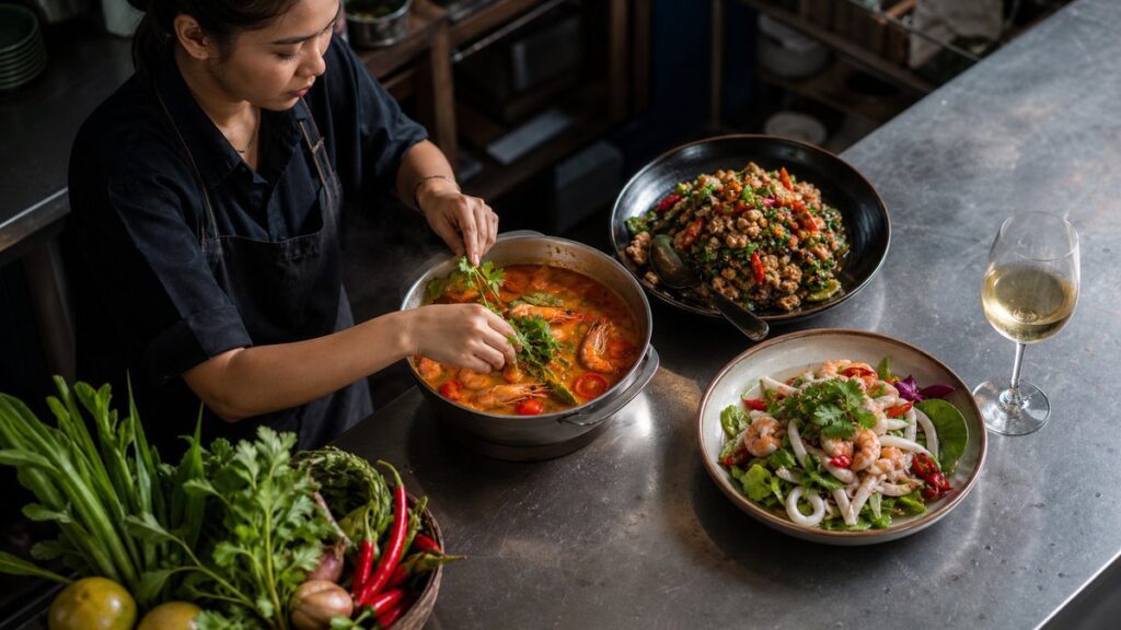 Overhead view of three Thai dishes arranged on a service counter: tom yum soup, basil stir-fry, and a seafood salad, with a single white wine glass near the edge. Natural daylight reveals herbs, steam, and glossy textures, while the scene feels busy yet controlled, emphasizing freshness, acidity, and aromatic heat.