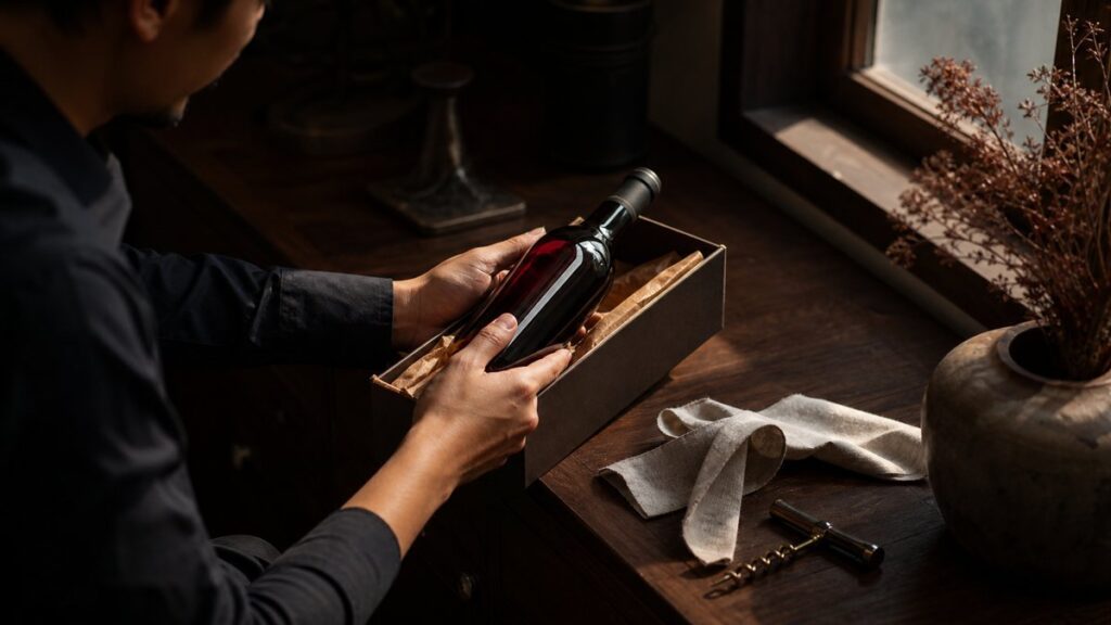 An elegant wine bottle rests in a shallow gift box beside a folded linen ribbon and a simple corkscrew on a dark wooden sideboard. Warm window light grazes the glass, revealing deep ruby tones and subtle shadows, creating a refined, intimate mood that feels thoughtful and timeless.