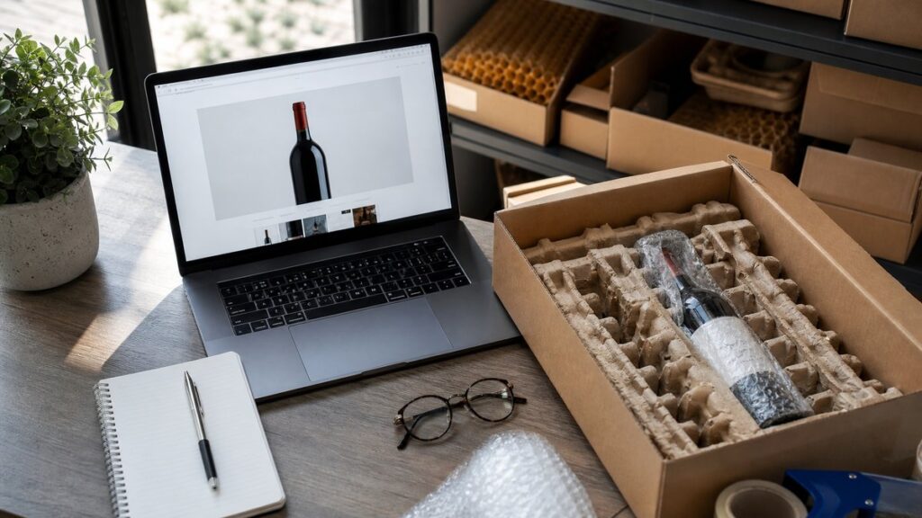 Overhead view of a neatly arranged workspace with an open laptop showing a wine product page, a notepad, reading glasses, and a shipment box partially packed with cushioning material. Cool daylight spreads across the desk, while subtle amber and blue accents in the packaging create a calm, cautious, professional mood.