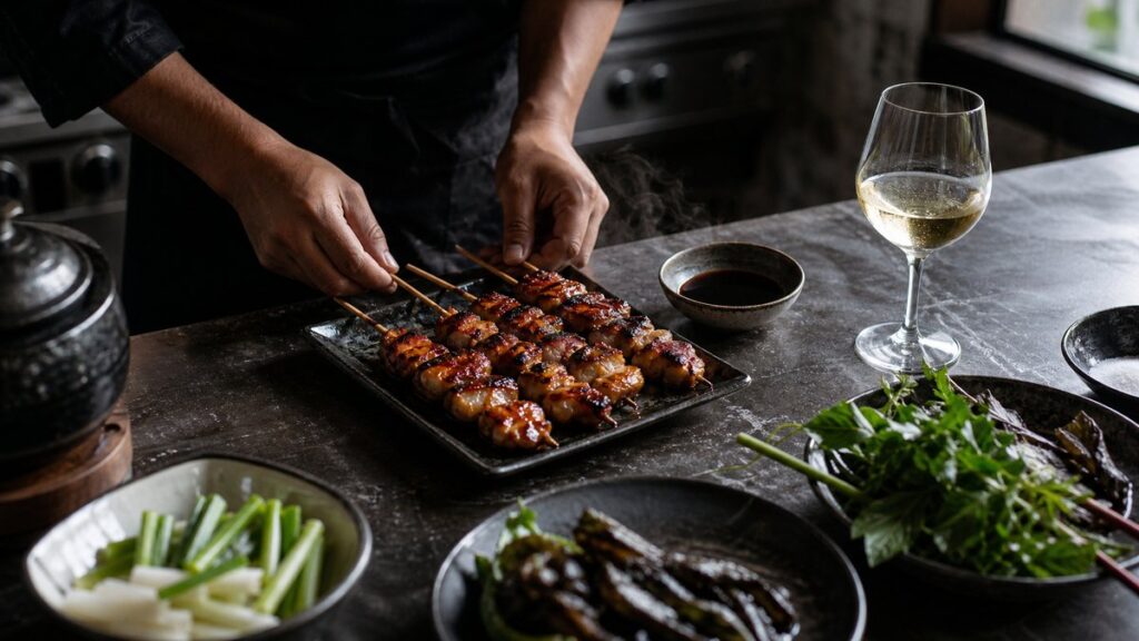 Overhead in a compact kitchen workspace, a chef’s hands arrange glazed yakitori, a soy-dipped dipping bowl, and a half-filled white wine glass on brushed stone. Natural window light reveals steam and sheen on the sauce, creating a lively, slightly tense atmosphere that suggests bold flavors meeting balanced acidity.