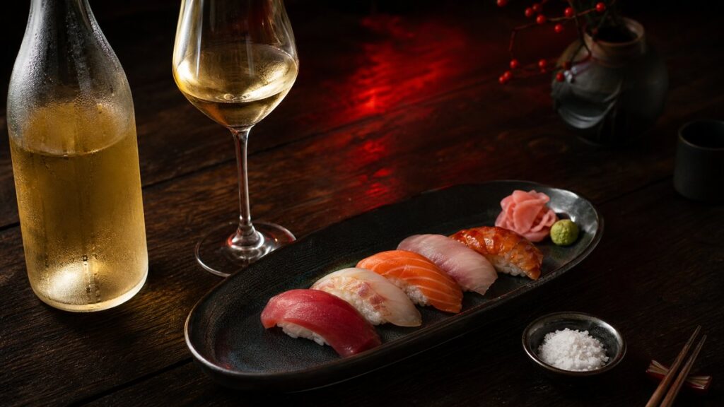 An elegant still life on a dark wooden counter shows a chilled white wine bottle beside a plate of nigiri, pickled ginger, and a small bowl of sea salt. Soft side light catches the glass and the glossy fish, while muted crimson reflections in the background add warmth and a calm, refined mood.