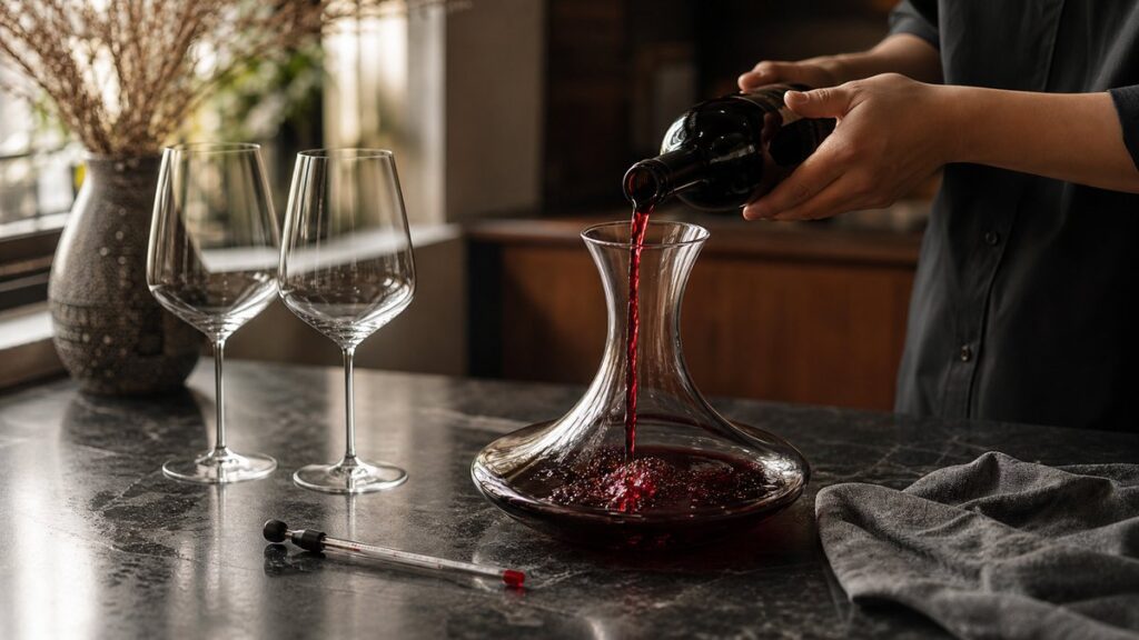 An overhead process scene of a wine bottle, opened decanter, thermometer, and two empty stemmed glasses arranged on a dark countertop, with one hand gently pouring. Soft side lighting reveals the liquid’s ruby layers, creating a precise, professional mood and emphasizing careful temperature control and aeration.
