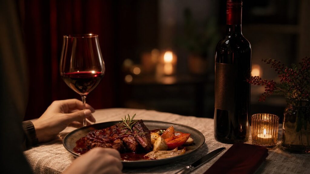 A single bottle of red wine standing beside a plated dinner of seared steak, roasted vegetables, and dark sauce on a linen-covered table, shot as an object-led still life. Warm candlelight and a deep burgundy reflection skim the glass, while black and red tones stay subtle against a refined, intimate dining mood.