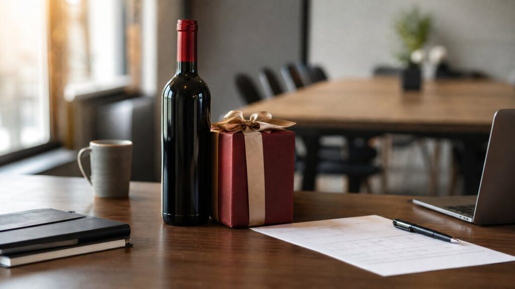 A professional workspace observation scene shows a wine bottle, wrapped gift box, and selection notes placed on a tidy desk near a softly blurred conference table. Warm side light picks out subtle red tones in the glass and packaging. The composition feels balanced, thoughtful, and client-ready.