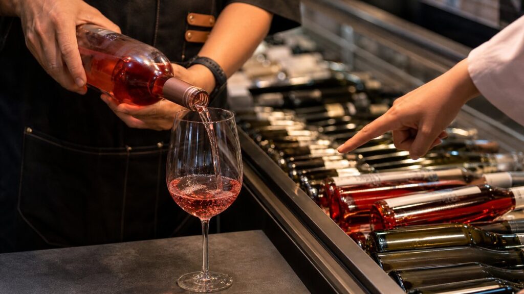 A close hand action scene captures a shopkeeper gently tilting a rosé bottle over a tasting glass while another hand points toward a row of chilled bottles in a cooler. Soft reflections and subtle red tones in the glass create a focused, practical mood. The setting feels attentive and decision-driven.