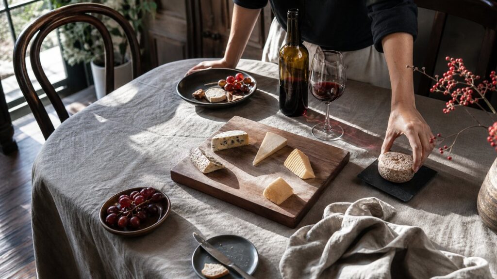 An overhead process scene of a tasting board being arranged on a linen-covered table: several small cheese pieces, a bottle poured into a glass, and a hand placing one strong-smelling cheese apart from the others. Natural daylight reveals contrast and tension, with restrained red accents and a thoughtful, testing mood.