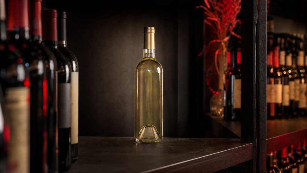 A calm retail shelf scene shows one selected white wine bottle centered in a clean gap of negative space, surrounded by softly blurred bottles and a faint red glow from nearby décor. Side lighting defines the bottle’s shape against a dark, elegant background, suggesting a confident final choice.