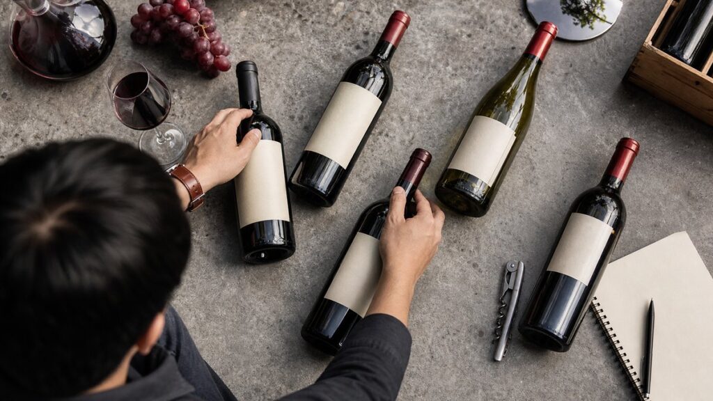 Overhead view of a buyer’s hands arranging several wine bottles, a corkscrew, and a notebook on a neutral stone countertop. The labels face up at varied angles, with a small grape cluster and tasting glass nearby. Cool daylight keeps the scene crisp, practical, and evaluation-focused.