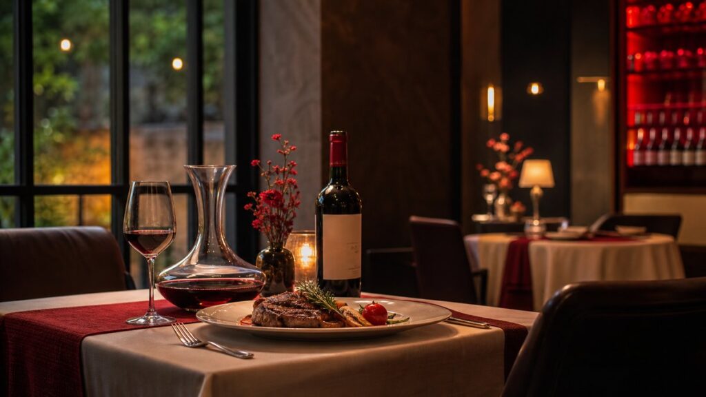 A wide restaurant environment shows a neatly set dining table near a softly glowing window, where a plated steak, a decanter, and an open wine bottle sit ready for dinner. The room feels calm and trustworthy, with dark shadows, muted red accents, and an inviting professional atmosphere.