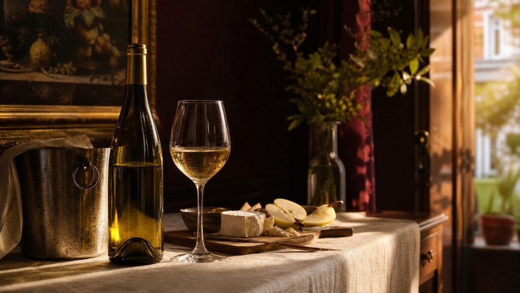A single elegant white wine bottle and a half-filled stemmed glass sit on a linen-covered sideboard beside sliced pear, soft cheese, and a chilled metal bucket. Warm window light catches pale gold reflections, while deep burgundy shadows in the room add quiet richness. The scene feels calm, precise, and refined.