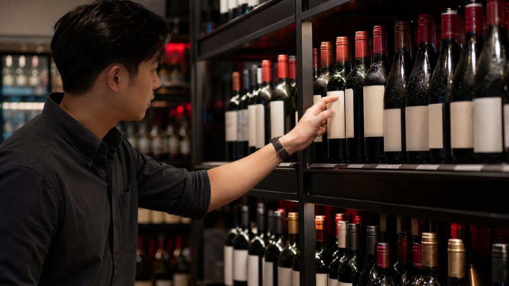 A close workspace scene shows a shopper’s hand reaching toward a bottle in a neatly arranged wine shelf, with the focus on labels, bottle shapes, and chilled condensation. Soft store lighting creates a professional, trustworthy feel, while dark shelving and faint crimson reflections add depth. The composition feels practical, careful, and informed.