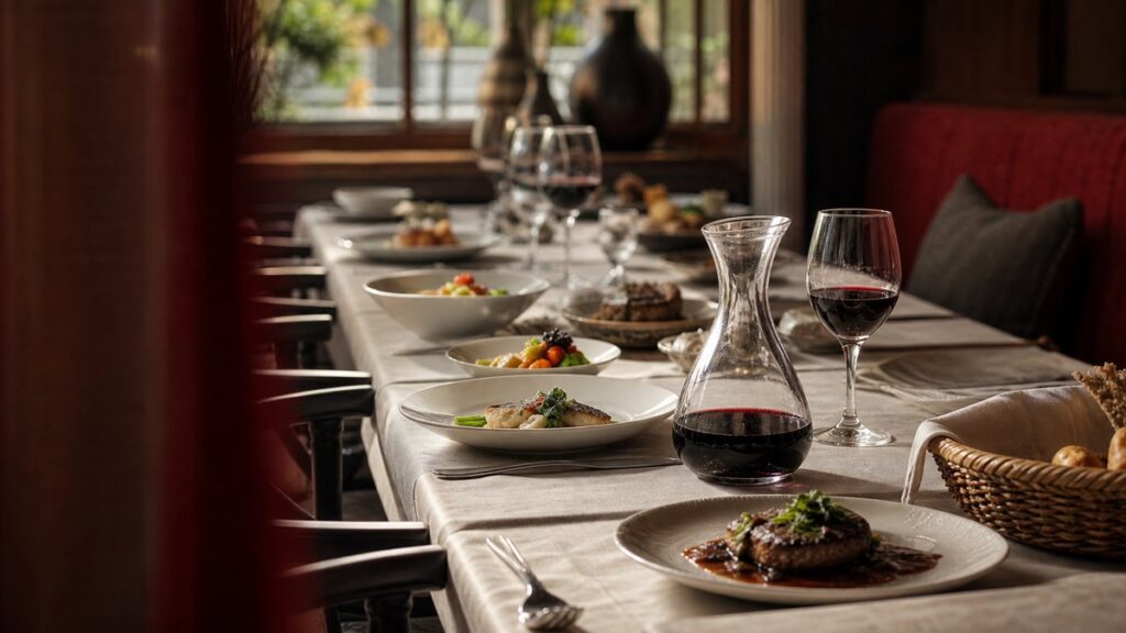 A wide restaurant environment with a long French dining table set for multiple courses, where the primary focus is a carafe of wine placed near plates in sequence from lighter to richer dishes. Natural side lighting, soft shadows, and a calm professional setting emphasize progression, balance, and harmony across the meal.