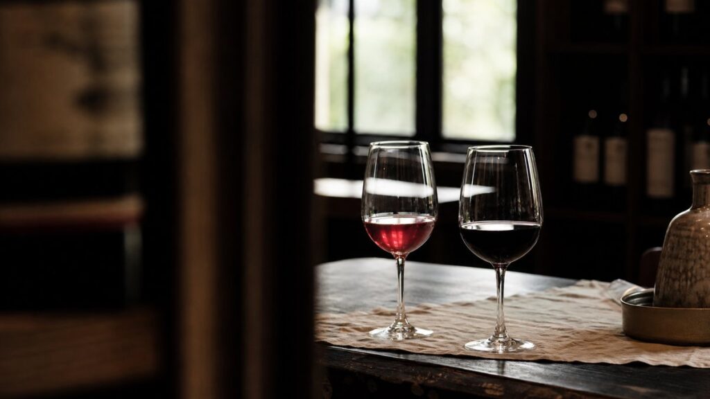 A single wine glass filled with pale ruby wine stands beside a darker, fuller red in a quiet tasting room, both on a dark wooden table with a linen cloth. Soft window light reveals the lighter wine’s brighter rim and translucent color, creating a calm, professional mood with subtle crimson reflections.