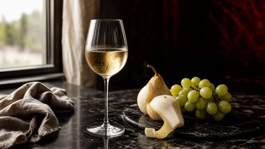 A single chilled white wine glass beside a peeled pear, green grapes, and a linen napkin on a dark stone countertop, shot as an object-led still life. Soft window light skims the glass, making pale straw highlights glow against deep shadow, with subtle crimson reflections in the background for a refined, airy mood.