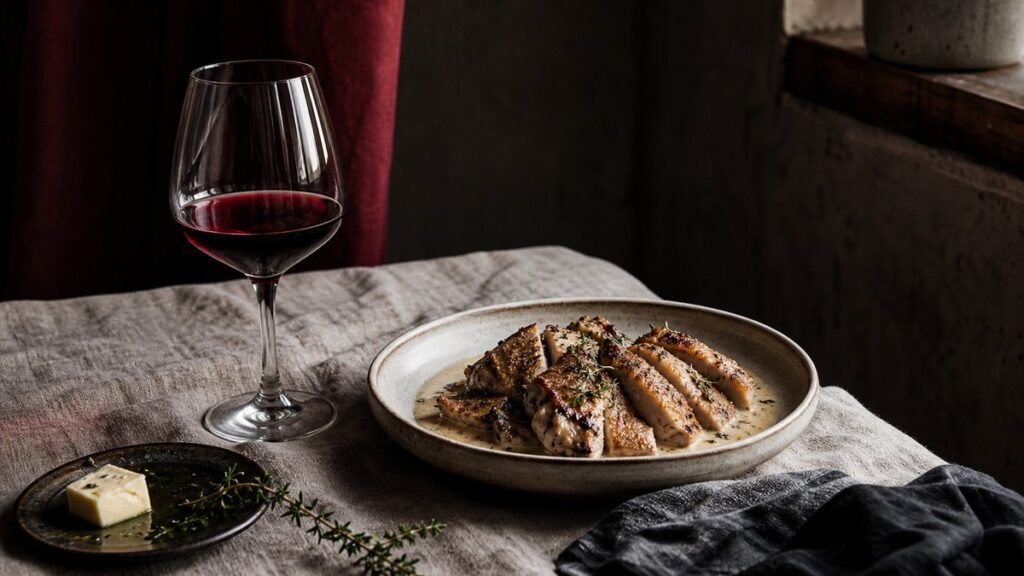 A close still life on a linen-covered restaurant table: a half-filled red wine glass beside a shallow plate of roasted chicken in glossy cream sauce, with a pat of butter and herbs nearby. Soft window light reveals layers of texture, while deep burgundy and dark charcoal tones subtly echo the color palette in a refined, intimate mood.