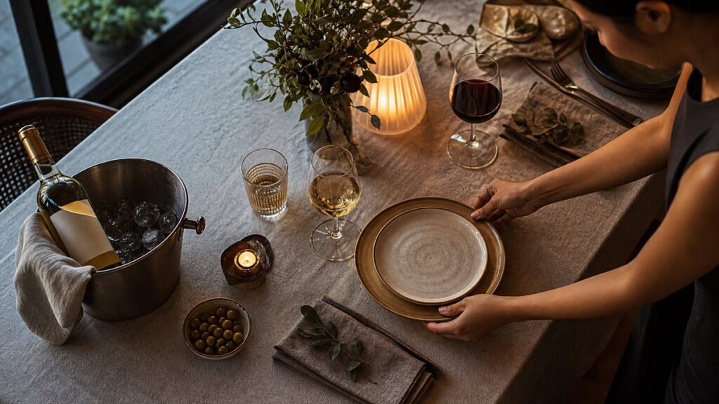 An overhead process shot of a linen-covered dining table being set: a chilled white wine bottle resting in a metal bucket, a red wine glass near room temperature, folded napkins, and warm plates arranged carefully. Cool window light mixes with soft amber lamp glow, creating a polished, celebratory mood.