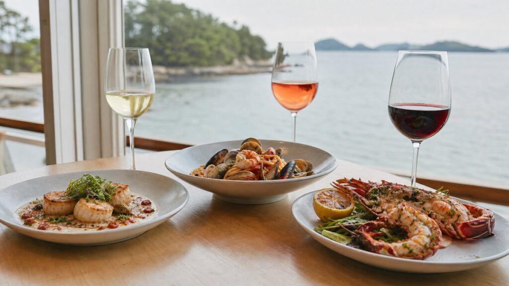 A wide restaurant table by a bright seaside window shows three seafood dishes arranged with different wine glasses, each paired to a distinct preparation. The scene feels calm and professional, with crisp daylight, pale wood, and subtle red reflections in the glass, leaving open negative space for a clean editorial mood.
