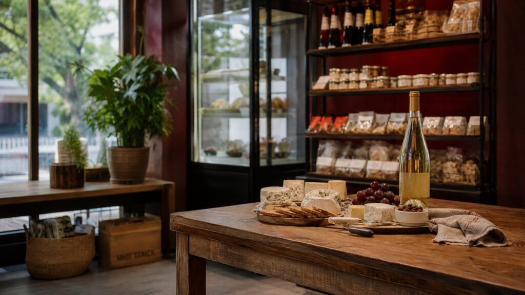 A wide environment shot inside a calm specialty food shop, where a tasting table with assorted cheeses and a single white wine bottle sits near a window. The composition leaves generous space around the table, with warm neutral shadows and subtle red tones in the background, creating an adaptable, understated professional mood.