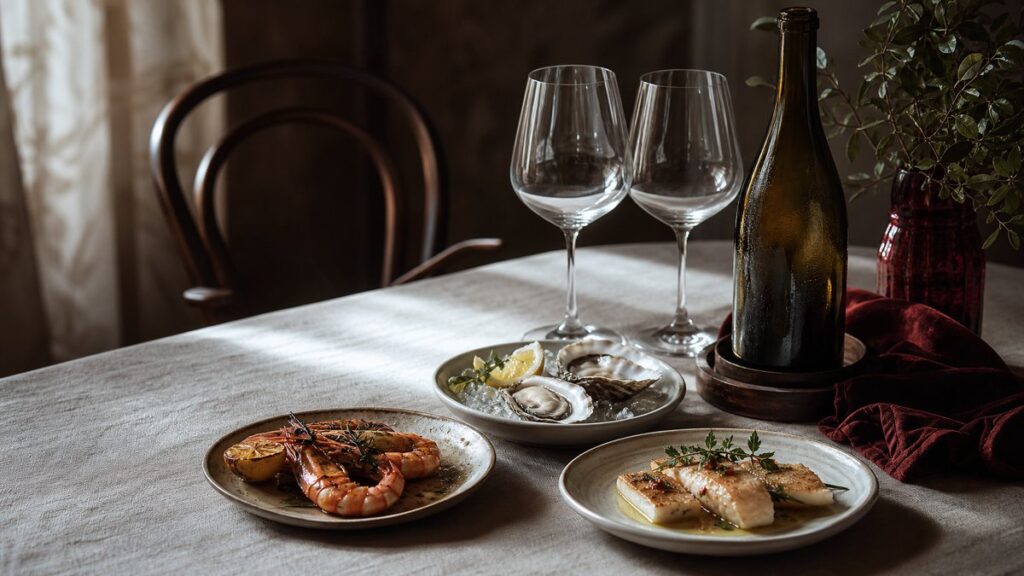 A refined still life on a linen-covered dining table shows three small seafood plates beside two unopened wine glasses and a chilled bottle in soft shadow. Natural window light grazes grilled shrimp, oyster shells, and pale fish fillets, while deep burgundy accents and dark glass hint at richness without overpowering the scene.