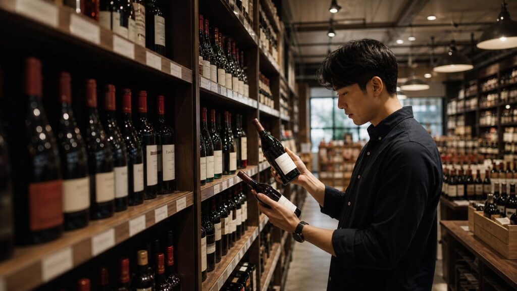 Wide editorial scene inside a specialty wine shop aisle, where a single shopper stands before a row of bottles and compares labels under soft ceiling lights. Shelves recede into a calm, professional background, and muted burgundy tones in the bottles add a subtle sense of depth, confidence, and decision-making.