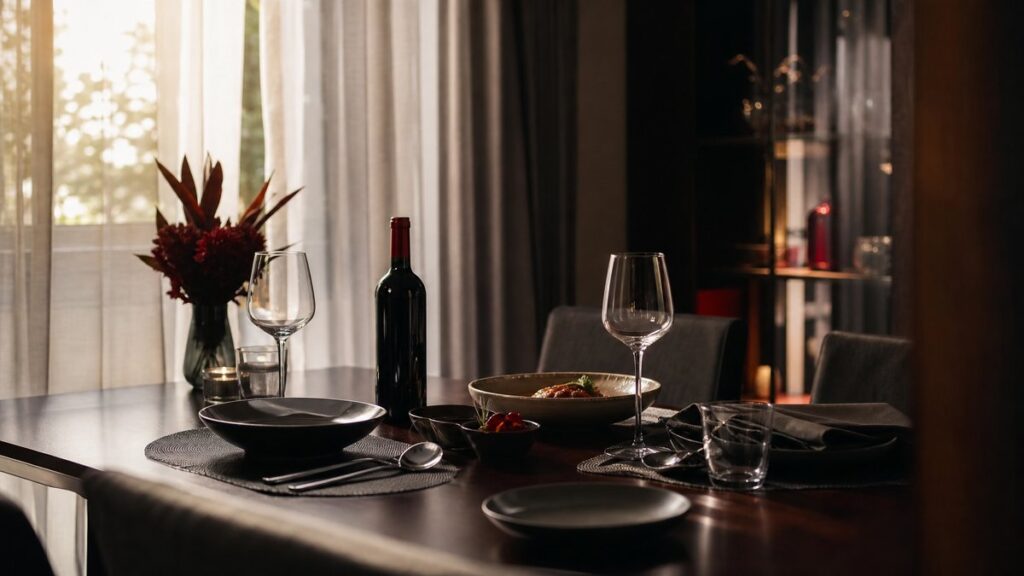 A wide environment shot of a neatly arranged dinner table in a quiet home dining room, where a single upright wine bottle, spotless glasses, and simple silverware sit in balanced order. Soft evening light and deep shadow tones give the setting a polished, premium feel without looking staged or crowded.