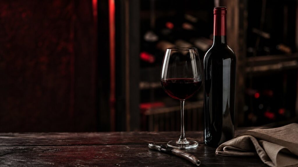 A single wine bottle stands on a dark wooden tasting table beside a half-filled glass, with a corkscrew and simple linen napkin nearby. Soft side lighting catches ruby highlights in the glass, while the background falls into deep #0C0707 shadows with subtle #A50000 reflections, creating a thoughtful, refined mood.