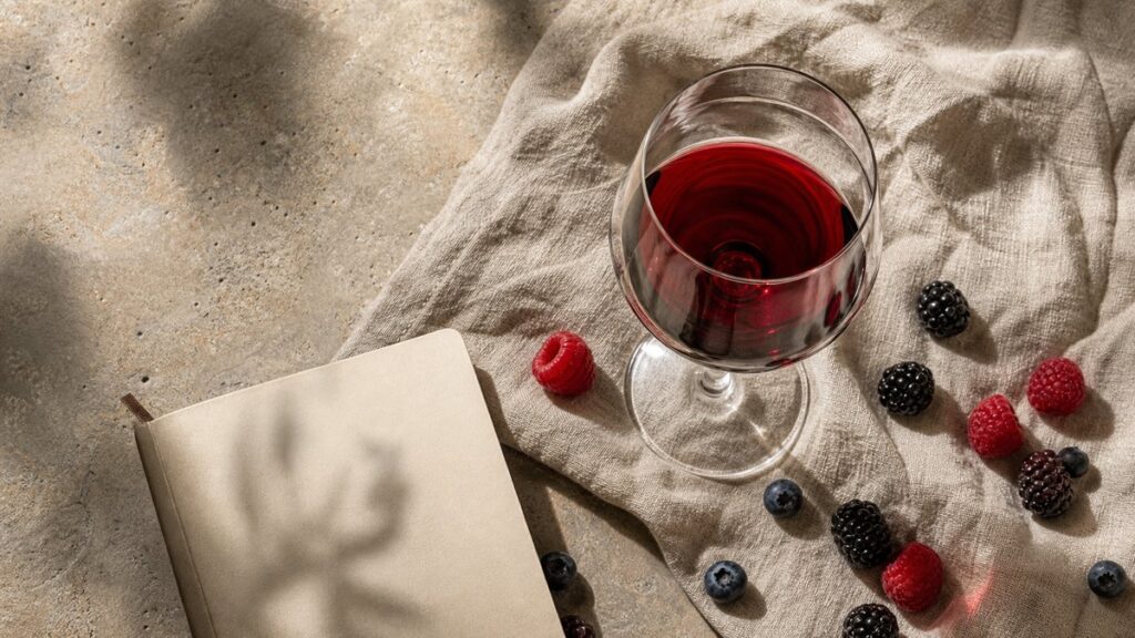 Top-down view of an open wine tasting setup: one tulip glass, a notebook, and scattered fresh berries arranged on a linen cloth over a stone surface. The wine glows subtly under natural daylight, with fine reflections hinting at layered aromas, while the calm composition suggests quiet complexity and craftsmanship.