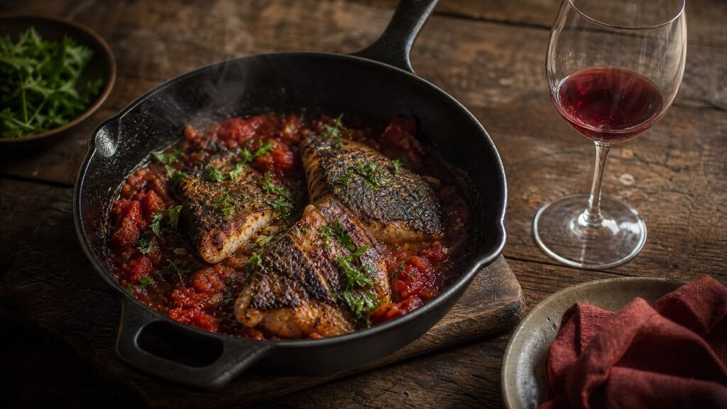 Overhead in a warm kitchen, a cast-iron pan holds charred fish with tomato sauce and scattered herbs, beside a half-filled glass of light red wine. The composition feels practical and deliberate, with steam rising in soft evening light and muted crimson tones echoing the sauce and wine.