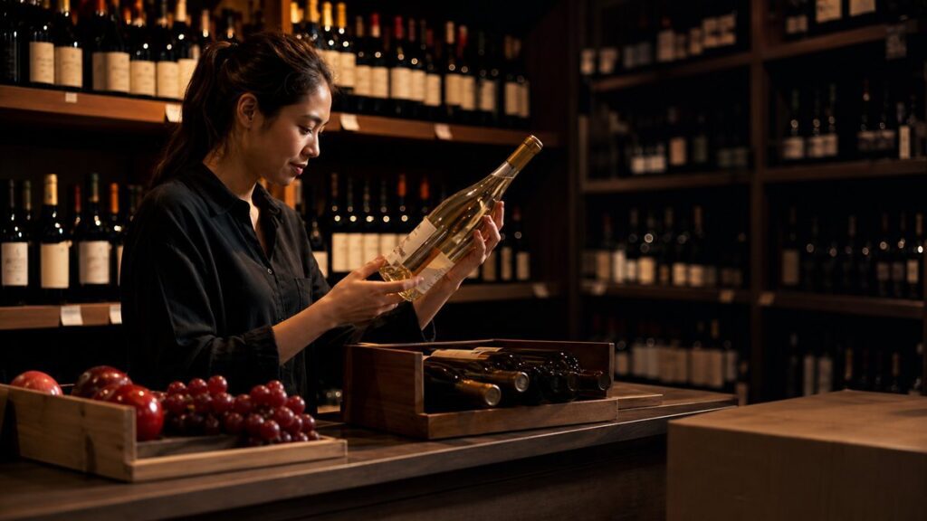 A wide environment shot inside a quiet wine shop aisle, where rows of pale bottles recede into soft darkness and a single bottle is being examined on a counter. Warm side lighting and a calm, professional mood highlight the decision-making moment, with restrained red accents in nearby fruit and ambient reflections.