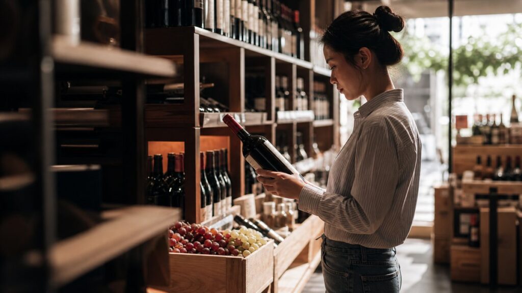 A wide shot of a wine shop aisle with neatly arranged bottles, a wooden crate of grapes, and a sunlit shelf corner fading into shadow. The primary subject is a single bottle held in the foreground by a hand examining it closely, with crisp natural light and a serious, informed buying atmosphere.