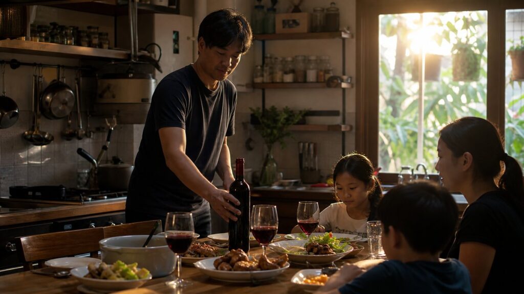 A candid kitchen-side scene of a family meal being served, with one person placing a wine bottle near the table while dishes of mixed food wait nearby. Natural evening light from the window gives the room a lived-in, practical atmosphere, with deep red accents appearing only in the wine and table details.