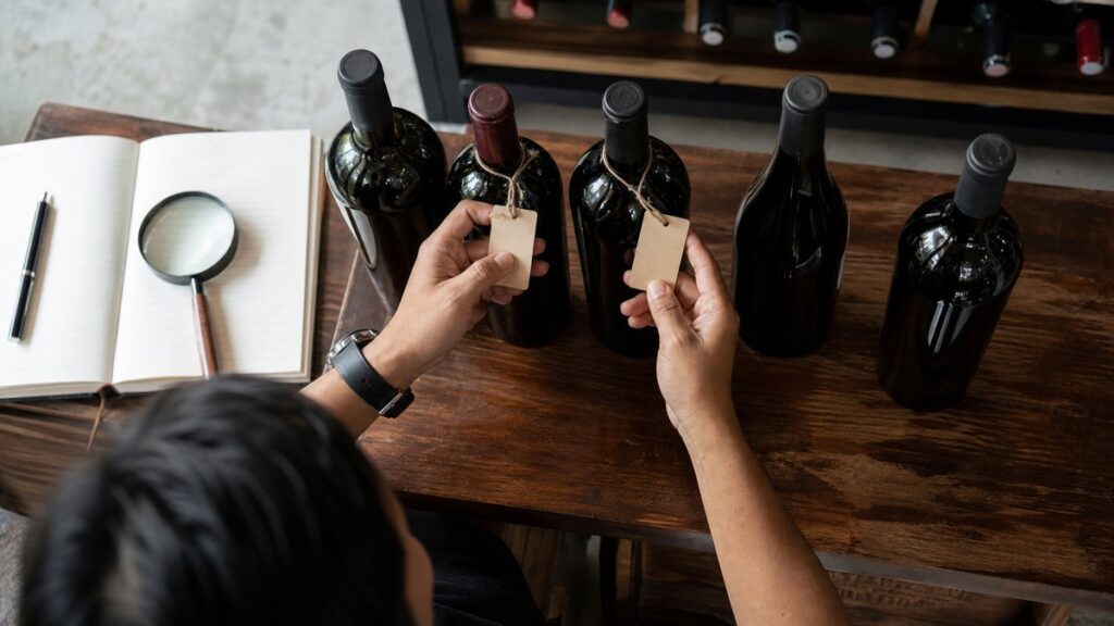 Overhead view of an open wine shop counter with several unlabeled bottles, a magnifying glass, a notebook, and a hand comparing two neck tags under bright, neutral light. The arrangement feels orderly and practical, with subtle red reflections in the glass and a focused mood of careful selection.