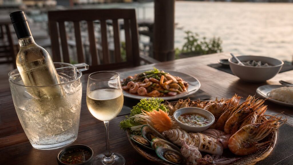 A single chilled bottle of dry white wine stands in a small ice bucket beside a Thai seafood dinner on a wooden table, photographed as an object-led still life. Soft window light catches pale straw tones and cool glass reflections, while deep burgundy and near-black shadows subtly echo the brand palette. The mood feels clean, inviting, and practical.