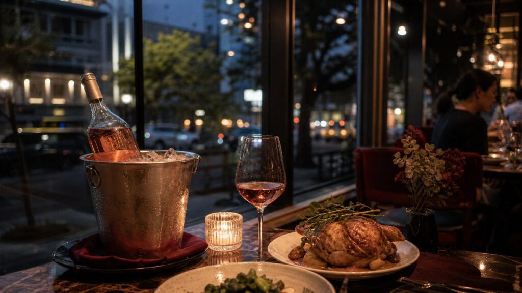 Wide restaurant window scene on a cool evening, with a chilled bottle of rosé resting in an ice bucket on a dining table set with roasted chicken, herbs, and candlelight. Dark navy shadows and muted burgundy highlights create a year-round mood, showing the wine as calm and elegant rather than seasonal or summery.