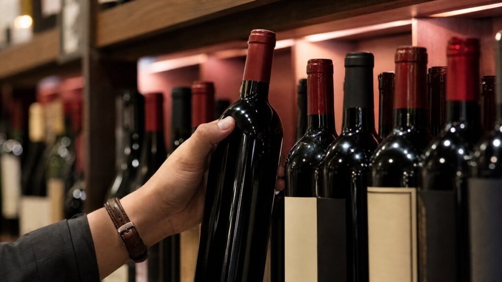 A focused shelf scene in a specialty wine store shows several bottles arranged in a single row, with one lightweight-bodied bottle slightly pulled forward as the clear primary subject. Gentle aisle lighting and a shallow depth of field keep the background soft, while deep burgundy tones add a refined, decision-making atmosphere.