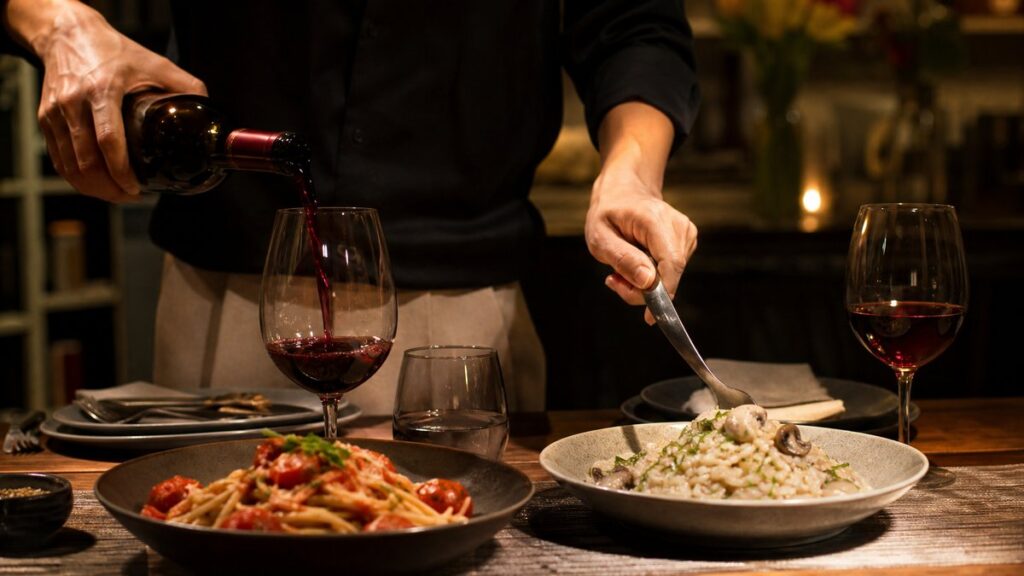 A close hand action scene at a dining table: one hand reaches to pour a modest stream of red wine into a glass while the other adjusts a serving spoon beside a creamy risotto and a tomato-based pasta. Soft evening light, understated crimson reflections, and a relaxed home-dinner mood create a thoughtful, polished atmosphere.