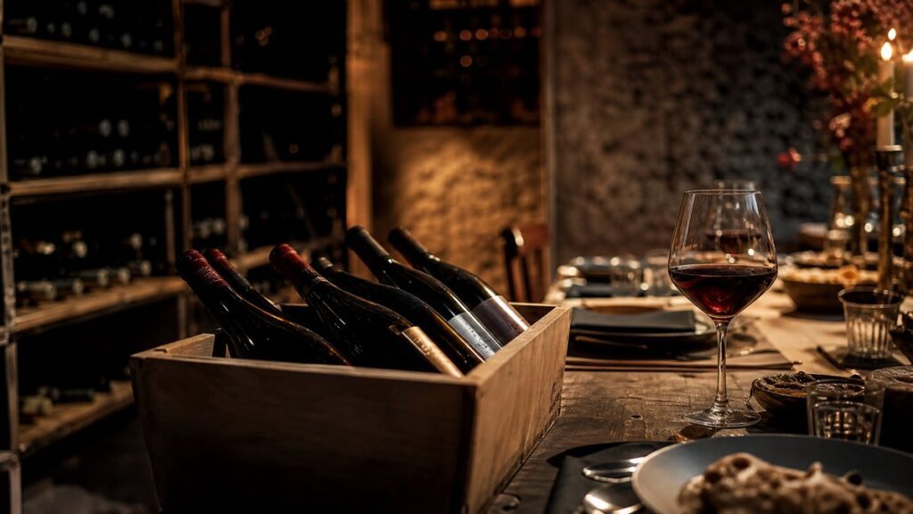 A wide cellar-side scene shows several dark wine bottles resting in a shallow wooden crate beside a dinner table set for an evening meal, with a single glass already poured in the foreground. Warm, directional light skims the glass and table edge, while deep shadow and muted crimson tones create a confident, conclusive mood.