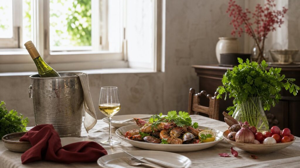 A wide, sunlit dining table set for a simple dinner, with a chilled white wine bottle in a bucket near a plate of seafood, fresh herbs, and a half-filled glass. The room feels airy and lived-in, with muted cream surfaces and faint deep red accents in a folded napkin and nearby produce.