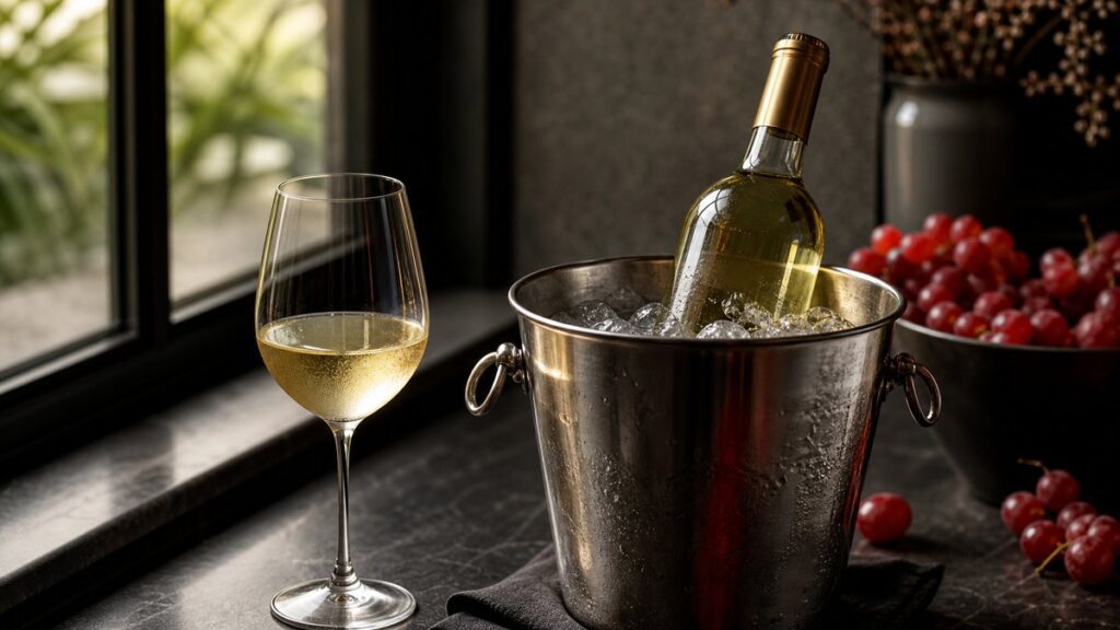 A single bottle of chilled white wine rests in an ice bucket beside a stemmed glass with pale straw liquid catching soft window light. The scene is an elegant still life on a dark stone counter, with subtle warm red reflections from nearby fruit and a calm, refined mood.