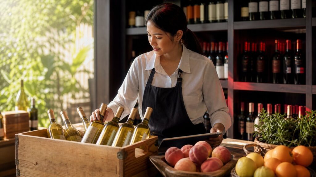 Inside a bright wine shop, a single open crate of white wine bottles sits beside fresh peaches, citrus, and a small basket of herbs. The scene feels thoughtful and practical, with warm side light, dark shelving in the background, and subtle crimson reflections adding depth without overpowering the airy mood.