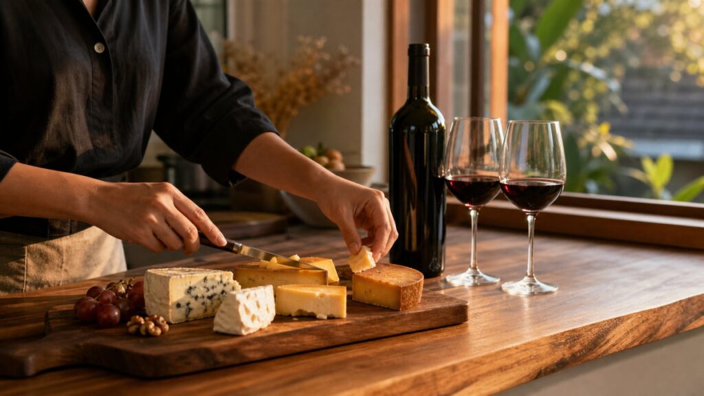 A wide kitchen counter scene with a neatly assembled tasting setup: one bottle, two glasses, and a selection of cheeses in varied textures on a wooden board near an open window. Warm late-afternoon light creates soft reflections and depth, while the calm, organized composition suggests confidence and an easy premium feel.