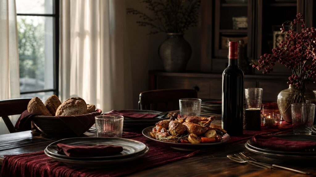A warm dining table still being set for an evening meal, with a single unopened wine bottle beside simple glasses, bread, and a shared platter of roasted food. Soft window light falls across the table in deep burgundy and dark charcoal tones, creating a calm, inviting family mood.