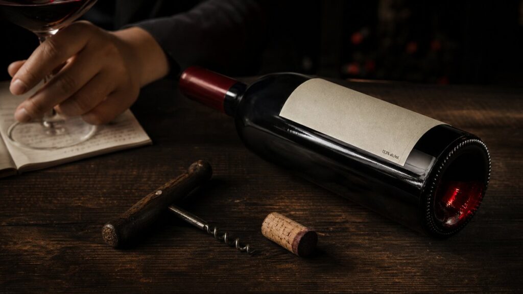 A close still life of a wine bottle lying on a dark wooden counter beside a corkscrew and tasting notes, with the front label turned just enough to reveal the small alcohol percentage near the edge. Soft side lighting catches deep red glass highlights against a near-black background, creating a quiet, observant mood.