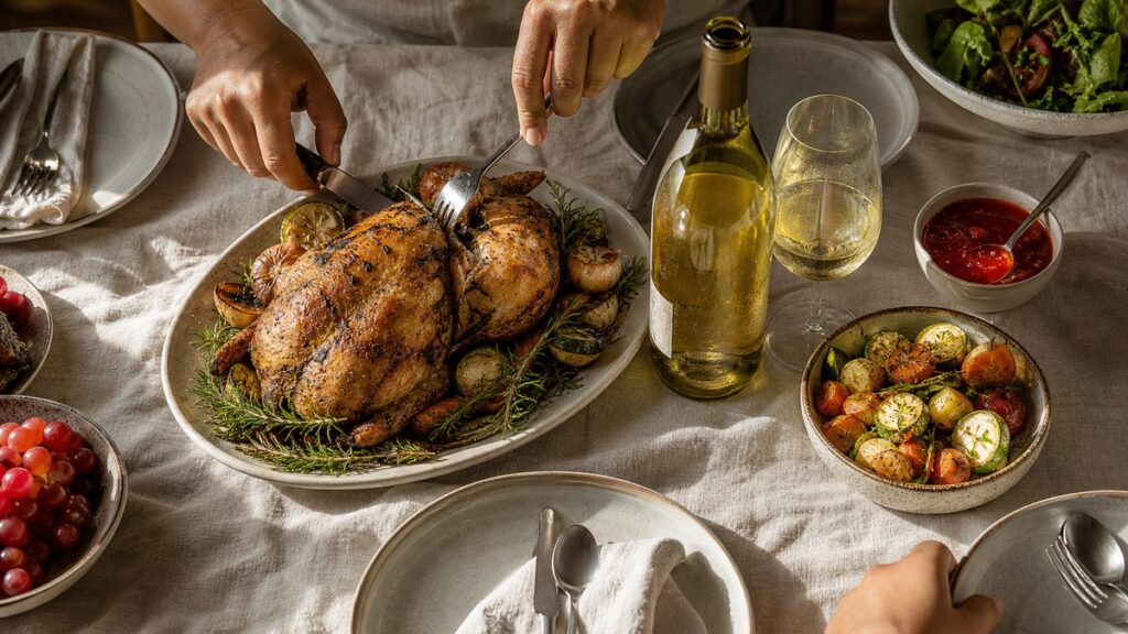 An overhead table scene showing a simple family-style meal with roasted chicken, herbed vegetables, and a bottle of chilled white wine near the center. The composition feels practical and inviting, with warm natural light and gentle red accents in sauces and fruit, suggesting a thoughtful pairing before serving.