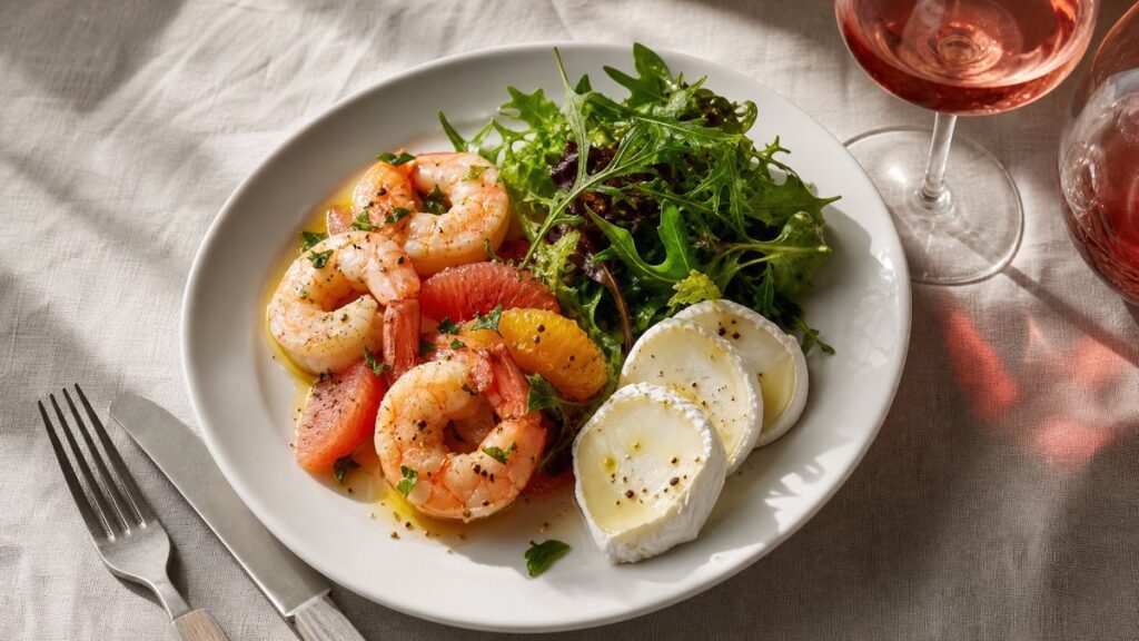 Overhead still life of a small white ceramic plate with citrus-dressed shrimp, fresh greens, and a few slices of soft goat cheese beside a partially poured rosé glass. Natural window light falls across linen and cutlery, with pale blush and deep red reflections subtly echoing the wine’s color. The scene feels clean, fresh, and balanced.