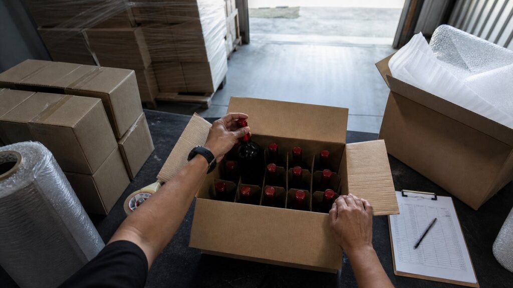 An overhead scene shows a warehouse packing table with neatly arranged wine cartons, protective wrap, shipping tape, and a clipboard of stock paperwork, all centered around one open case of bottles. Cool natural daylight from a loading-bay door contrasts with muted red labels and dark surfaces, suggesting efficient sourcing and value.