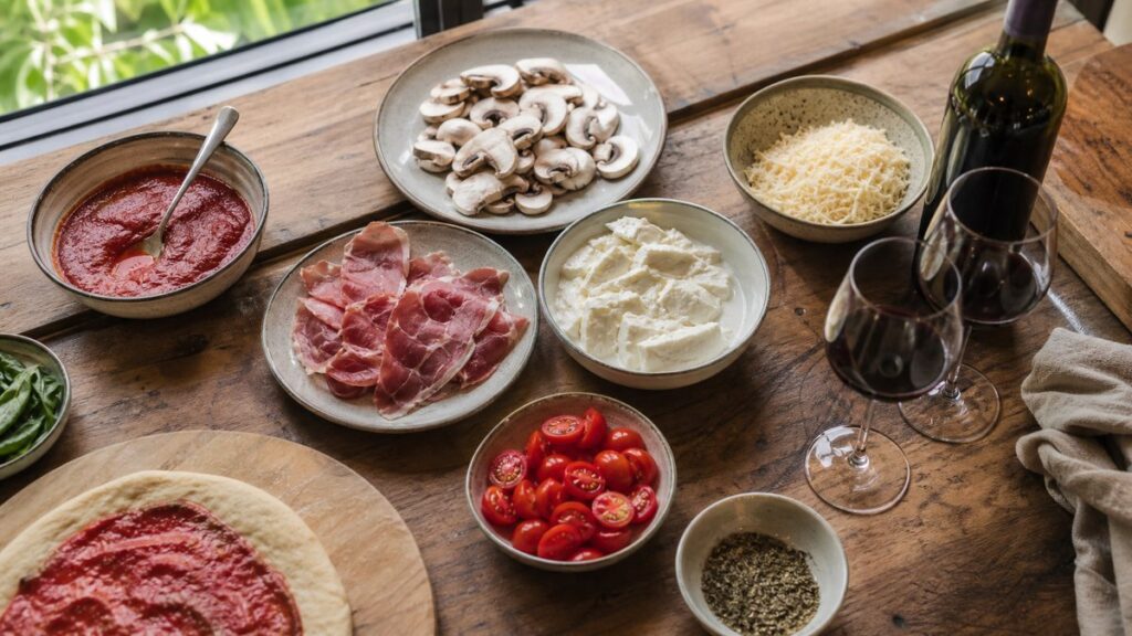 Overhead view of a kitchen worktable with several small plates showing different pasta and pizza toppings: tomato sauce, mushrooms, cured meat, and creamy cheese. A bottle and two wine glasses sit off to one side, while natural daylight reveals the varying textures and color intensity in a practical, editorial cooking scene.